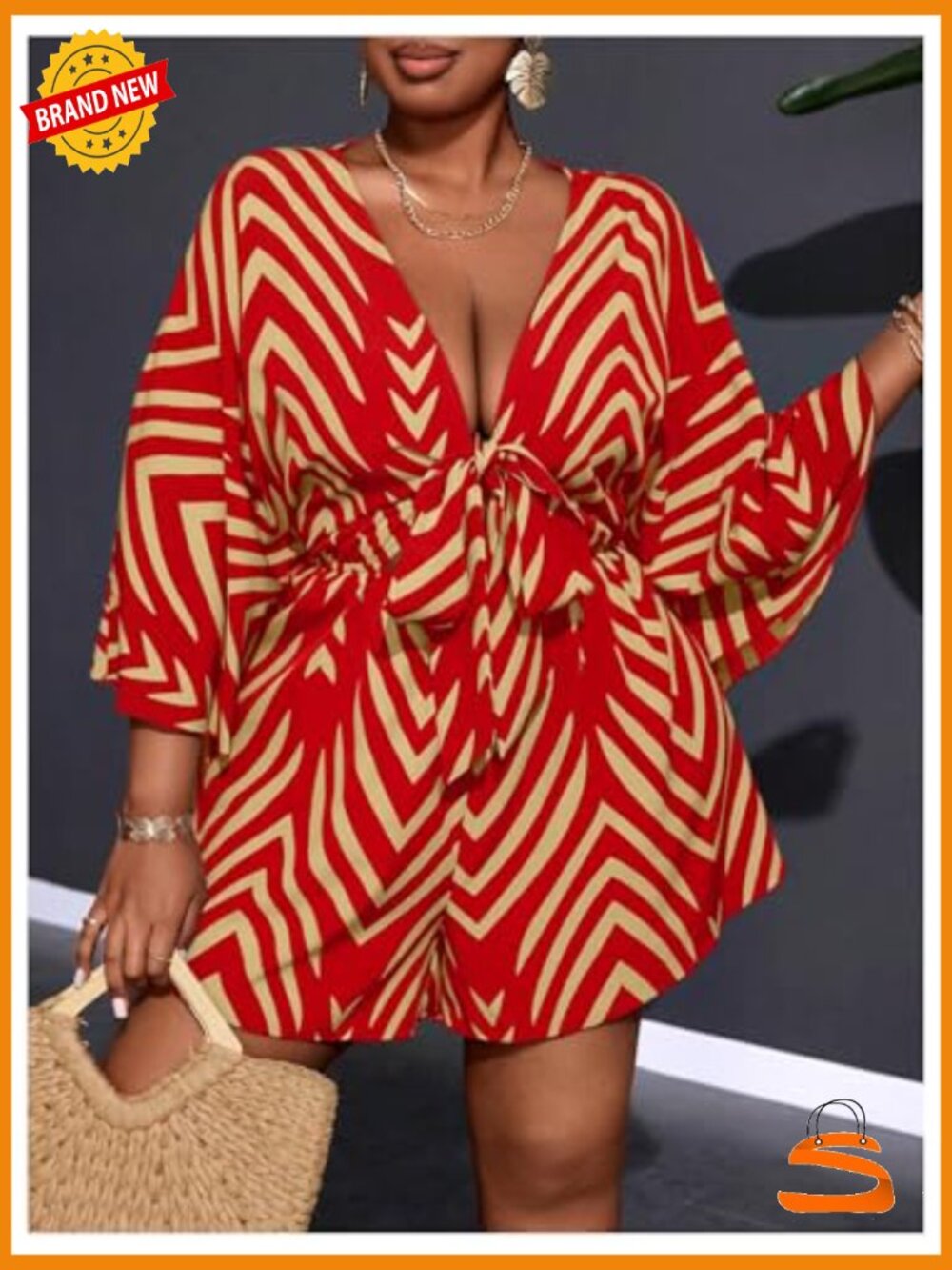 Plus Size Striped V Neck Tie Front Romper 3/4 Sleeve Loose Fit Jumpsuit - Picture 3 of 5